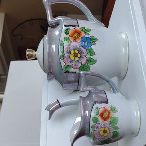 Teapot with Creamer Lusterware Hand-painted Japan Iridescent  Vintage